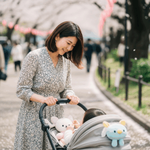 桜並木の公園で、笑顔の日本人女性がベビーカーを押しています。ベビーカーの中には赤ちゃんがいて、可愛らしいぬいぐるみが飾られています。