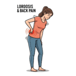 腰に手を当てて、反り腰で腰痛を訴える女性のイラスト。