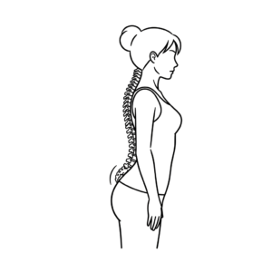 横から見た女性のシンプルな線画イラストです。腰が前に大きく反り、骨盤が前傾している反り腰の姿勢が、背骨のS字カーブの異常とともに強調されて描かれています。