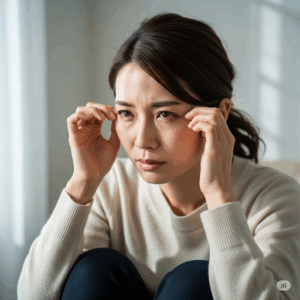 眼精疲労の日本人女性のイラストです。