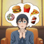 頭上に吹き出しでハンバーガーやフライドポテトなどのジャンクフードを想像している若い人のアニメ風イラスト。不足している栄養素を解説するブログ記事に適している。