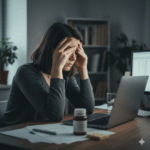 片手でこめかみを抑え、顔をしかめて頭痛に苦しんでいるように見える人物を描いています