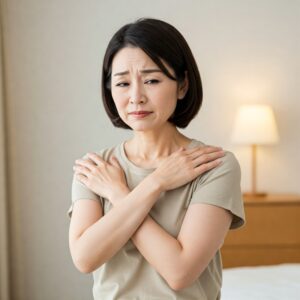 肩に手を当て、眉をひそめて痛そうな表情をしている50代の日本人女性。ベージュのTシャツを着ている。背景はぼやけているが、ベッドとナイトランプが見える。