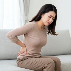 床に座り込み、腰に手を当てて苦痛の表情を浮かべる30代の日本人女性。背景はフローリングの床と白い壁。