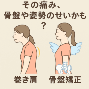 スマホ姿勢で前に出た肩を整える女性と、骨盤矯正で姿勢が整った様子を表すビジュアル。肩甲骨や骨盤の位置が矯正され、姿勢美人に変化した様子。

