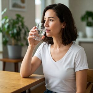 テーブルに座り、透明なグラスに入った水を飲んでいる30代から50代くらいの女性。白いTシャツを着ており、窓の外を見ている。背景には緑の植物やキッチンらしき様子が見える。