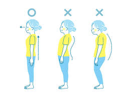 3つの横向きの女性のイラストが並んでいる。左のイラストは、背筋がまっすぐに伸び、頭が体の真上に位置する正しい姿勢で、丸印と上向きの矢印、顔の向きを示す左右の矢印が付いている。中央のイラストは、背中が丸まり、首が前に突き出た姿勢で、バツ印と点線で示された不自然な背骨のカーブが描かれている。右のイラストは、さらに背中が大きく丸まり、膝が曲がった姿勢で、バツ印と点線で示されたより強調された不自然な背骨のカーブが描かれている。