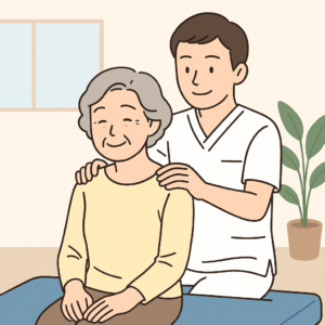 上半身が描かれたイラストで、男性の理学療法士かマッサージ師が、座っている年配の女性の肩に手を置いています。女性は笑顔で、男性も笑顔を向けています。背景には窓と観葉植物があります。