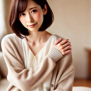 肩に手を当て、こちらに微笑みかける若い日本人女性。明るい室内で、ベージュのカーディガンと白いシャツを着ています。