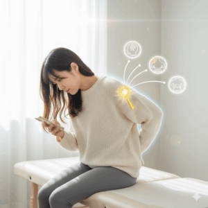 猫背でスマホを見る女性 デスクワークで丸まった背中を徹底矯正！ その姿勢、猫背かも？今すぐチェック！ つらい巻き肩・猫背を根本から改善 姿勢の悪さからくる不調の連鎖を断つ！