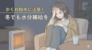 暖房の効いた室内で、体調が悪そうに頭を抱えてソファに座る女性のイラスト。テーブルには水が入ったコップが置かれている。画像上部には「かくれ脱水に注意！」「冬でも水分補給を」という文字があり、冬場の脱水症状への注意を喚起している。